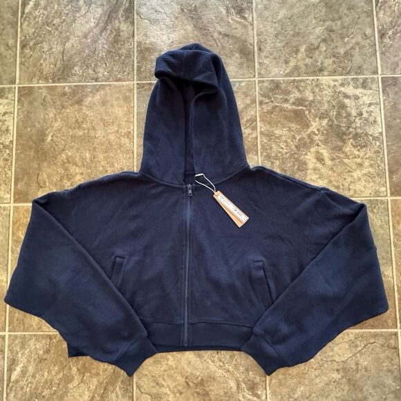 Skims Heavy Waffle Cropped Zip Up Hoodie Navy Size Large - Picture 5 of 12